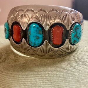 *SALE* 1980’s Sterling Silver, Turquoise, Coral Cuff Bracelet, Patrica Benally